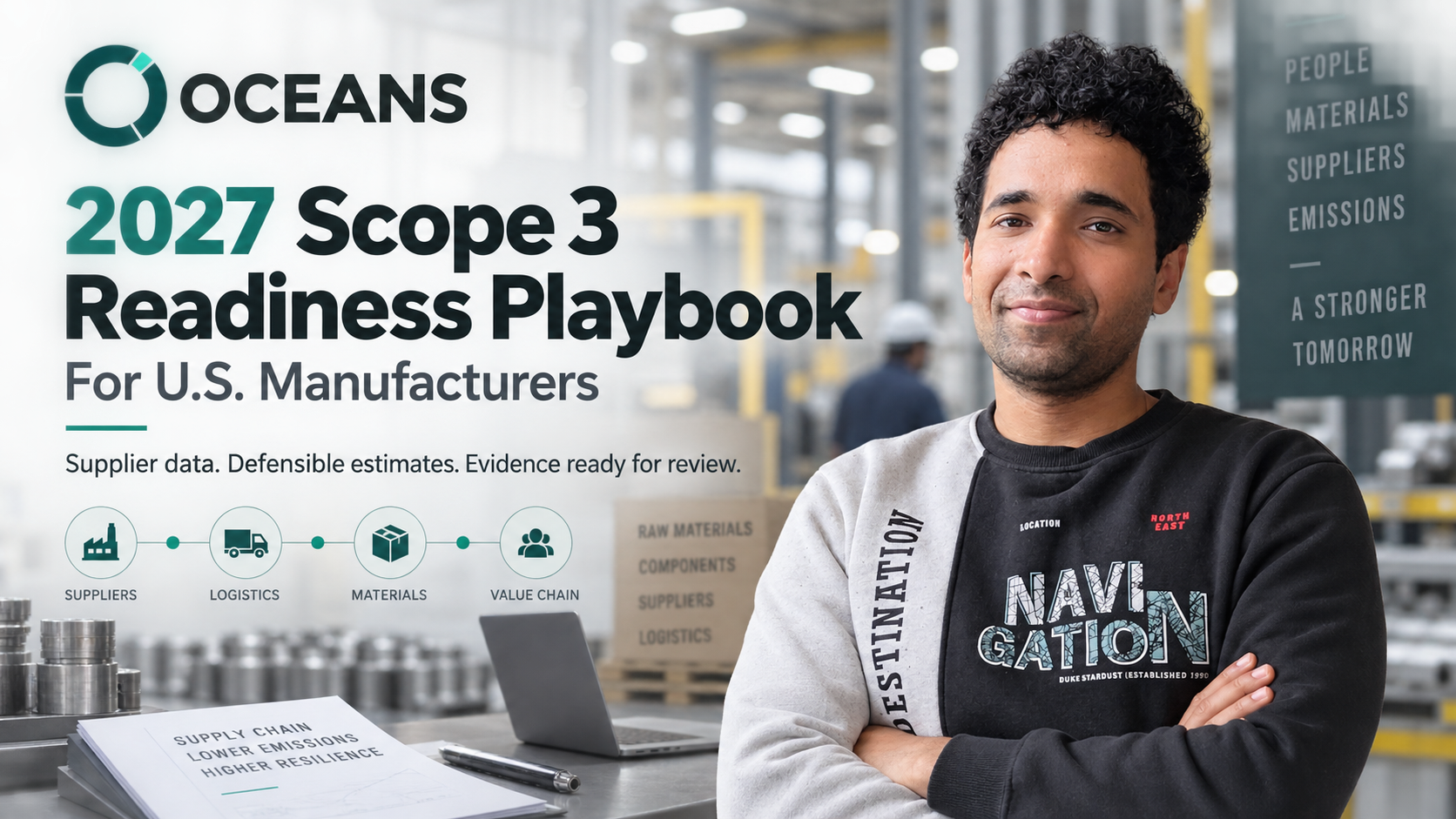 OCEANS 2027 Scope 3 Readiness Playbook for U.S. manufacturers, with an illustrative manufacturing team reviewing records.